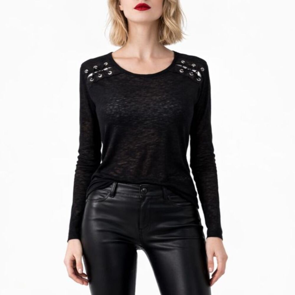 Generation Love Linen Top Women’s Small Black Lace Up Back Long Sleeve Blouse